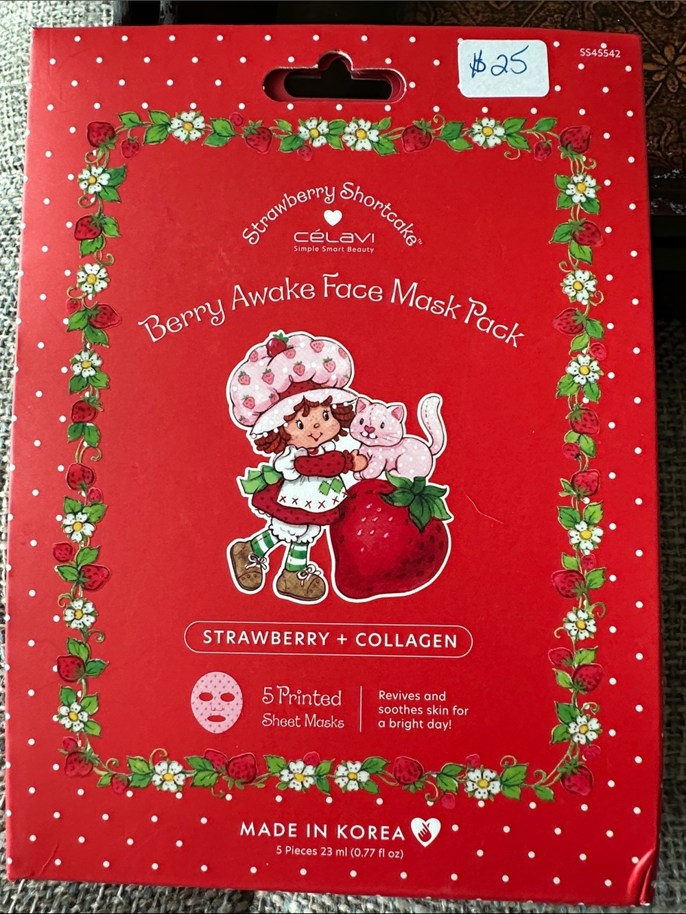Célavi Strawberry Shortcake Berry Awake Face Mask Pk/5 Strawberry/Collagen NIB